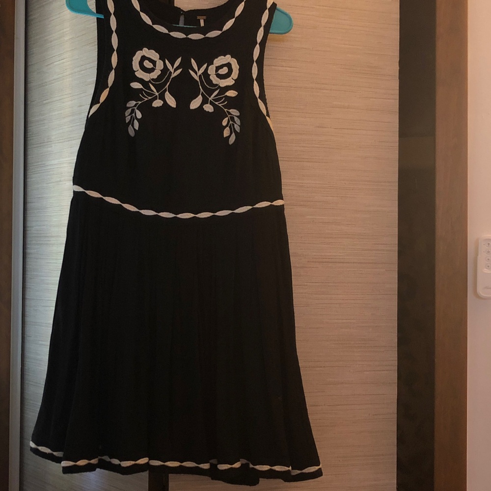 Free People Black and White Floral Midi Dress with birds on back embroidered